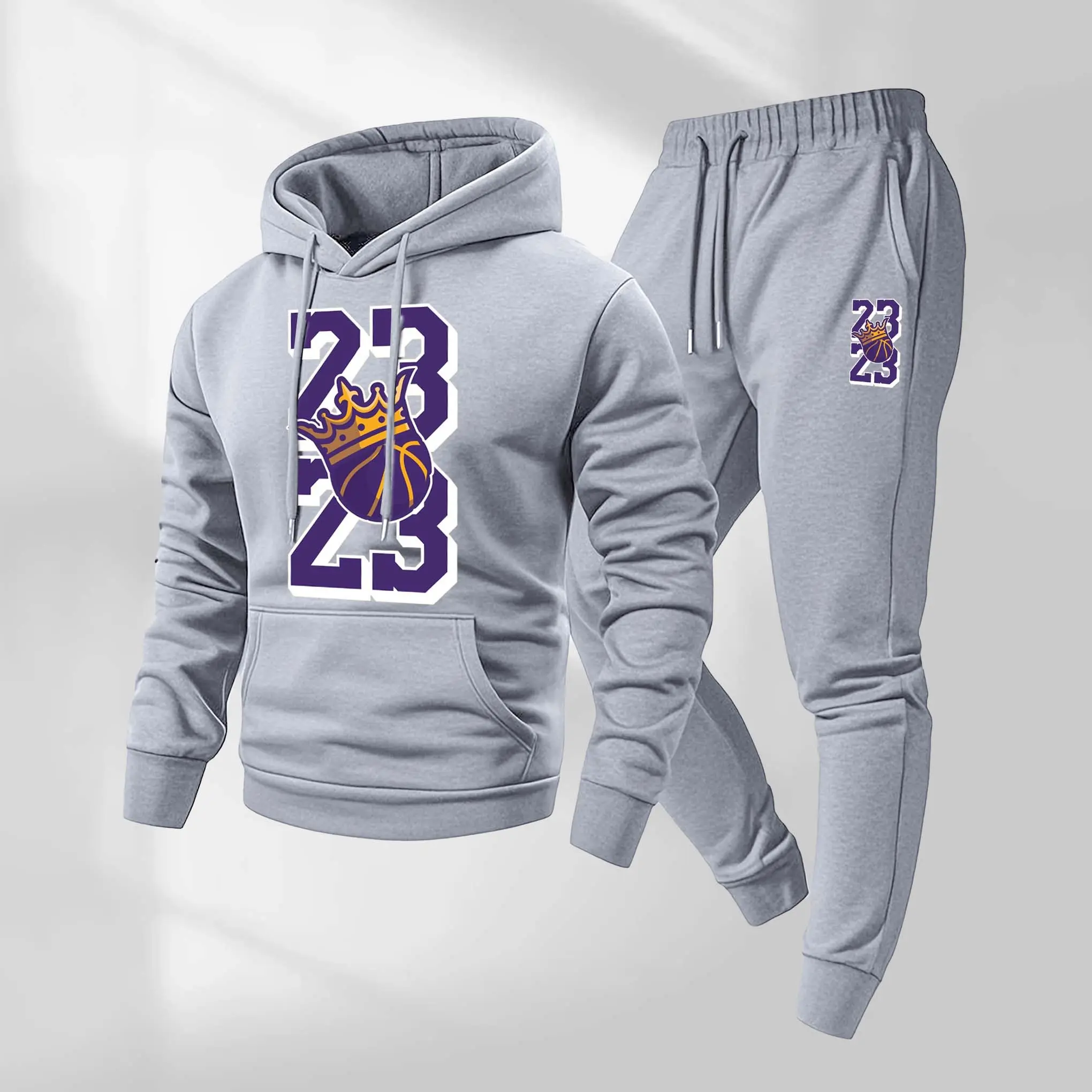 Men's Casual Activewear Graphic Tracksuit - Retro 'King 23' 2-Piece Polyester Set with Hooded Long Sleeve Knitting Jacket, Drawstring Pants, Sporty Chic Matching Outfit, Sweatsuit Matching Set, Hoodies, Long Sleeve Shirt, Athletic Wear, Athletic Training,