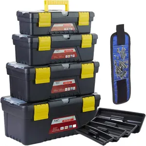 4-Piece Multifunctional Toolbox With-In Security Latch,Tray And Wristband,Suitable For Home And Repairers. (Size: 11"&12"&13"&14")