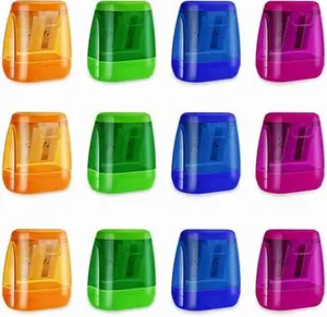 12 Pcs Manual Pencil Sharpener for School Office Home Pencil Sharpeners with Lid Colored Compact Dual Holes Portable Handheld Plastic Pencil Sharpener for Adults Students Class Home Office