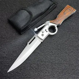 AK-47 Folding Pocket Knife | 5Cr13Mov Steel + Wooden Handle | LED Light & Pocket Clip for Camping EDC
