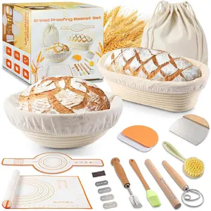 Banneton Bread Proofing Basket Set, 9" Round & 10" Oval Bread Baskets with Liners, Sourdough Starter Kit, Bread Making Tools,  Rattan Proofing Bowls for  Bakers