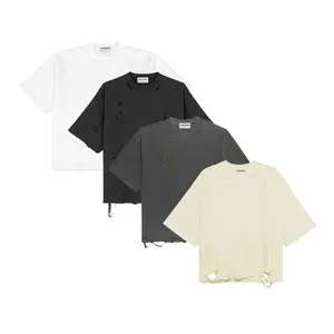 Distressed Cropped  Oversized T-Shirt in White Black and Charcoal Colors Casual Style Menswear