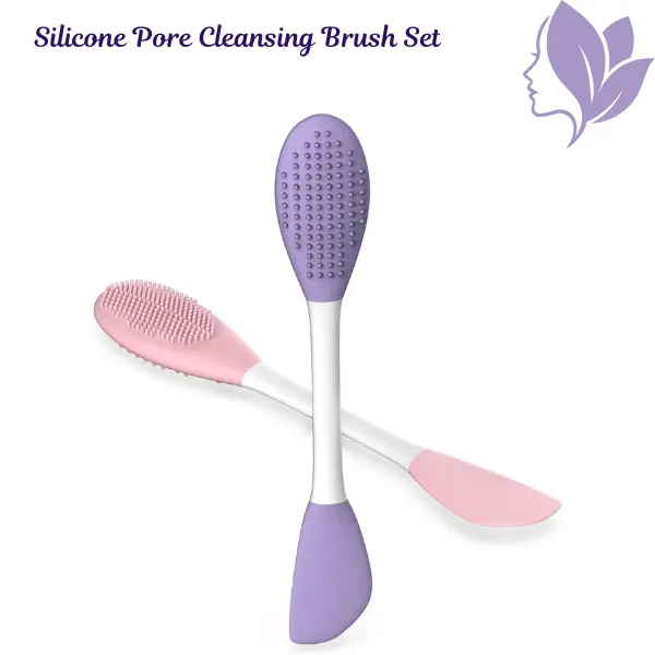 2PCS Silicone Face Cleansing Brush Set with Mask Applicator Spatula – Soft Facial Scrubber & Massage Tool for Skincare Routine, Pink & Purple