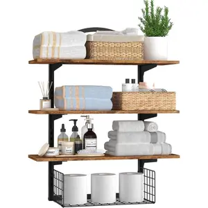 3 Tier Floating Shelf with Storage Baskets, Wall Mounted Bathroom Shelves Over Toilet, Wood Wall Shelves for Kitchen, Bedroom, Living Room, Home Organizati
