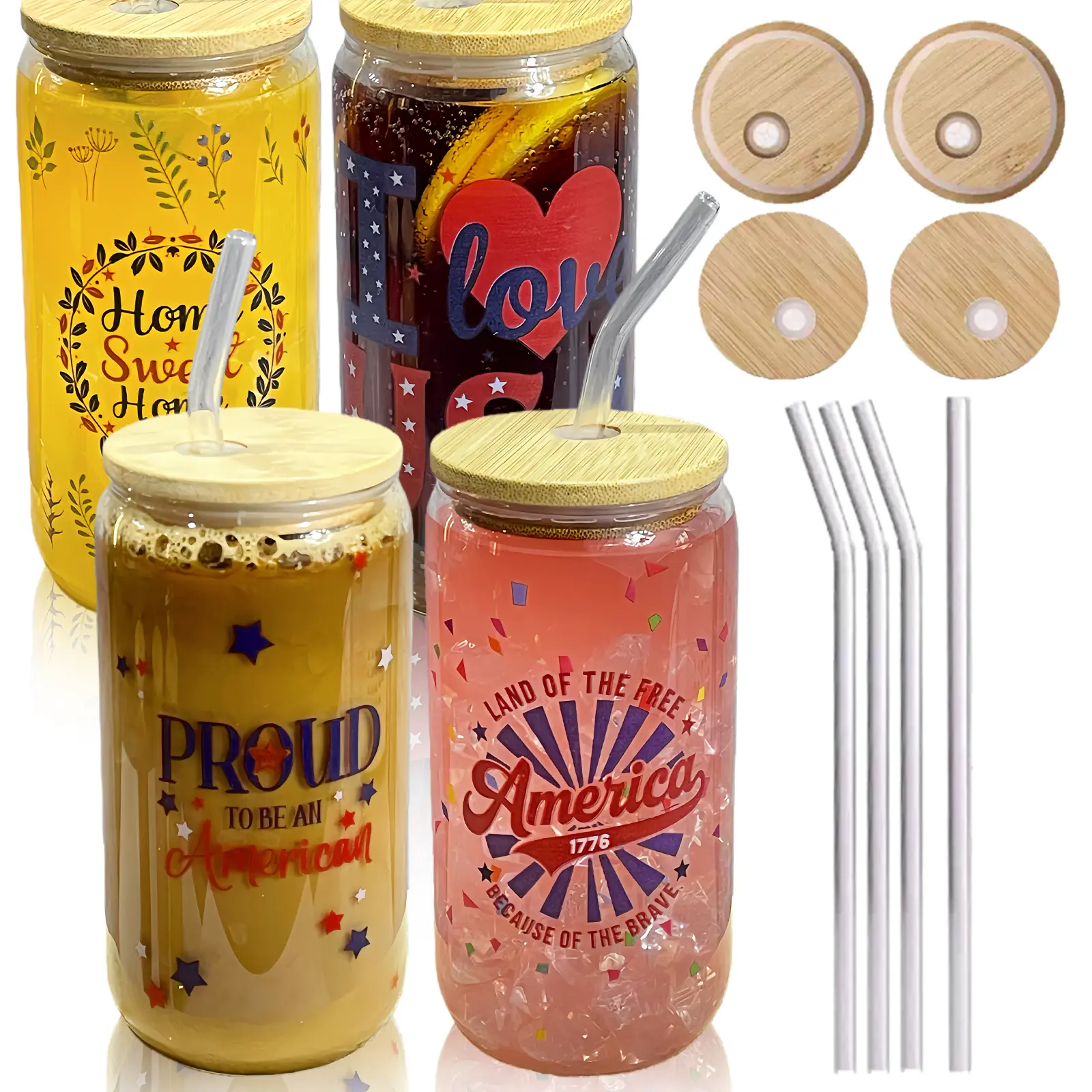 4-Pack Glass Tumblers with Bamboo Lids & Straws 16oz Iced Coffee Cups Graduated Markings 4 Drink Recipes Eco-Friendly BPA-Free Kitchen Outdoor Use Summer Winter Drinkware Cute Drinking Cup Iced Coffee Mug