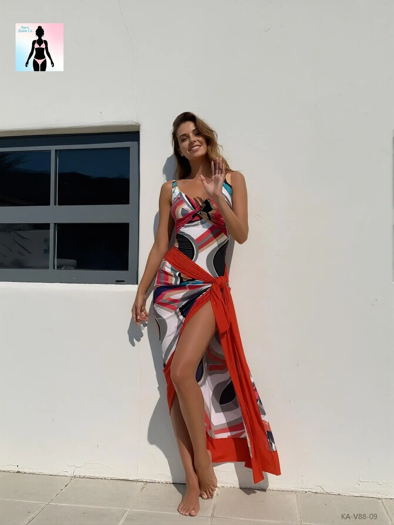 Aura Swim Women's Plus Size Curve Flattering 1-Piece Swimsuit - V-Neck, Tie-Knot Wrap, High-Stretch Abstract Print, Skirted Cut, Thigh Slit, Tummy Control Slimming Fit, Swim Skirt Cover-Up - Summer Beach, Pool Party Essential, Curve Flattering Women's One