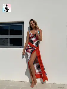 Aura Swim Women's Plus Size Fashion 1-Piece Swimsuit - V-Neck, Tie-Knot Wrap, High-Stretch Abstract Print, Skirted Cut, Thigh Slit, Tummy Control Slimming Hug - Summer Beach, Pool Party Essential