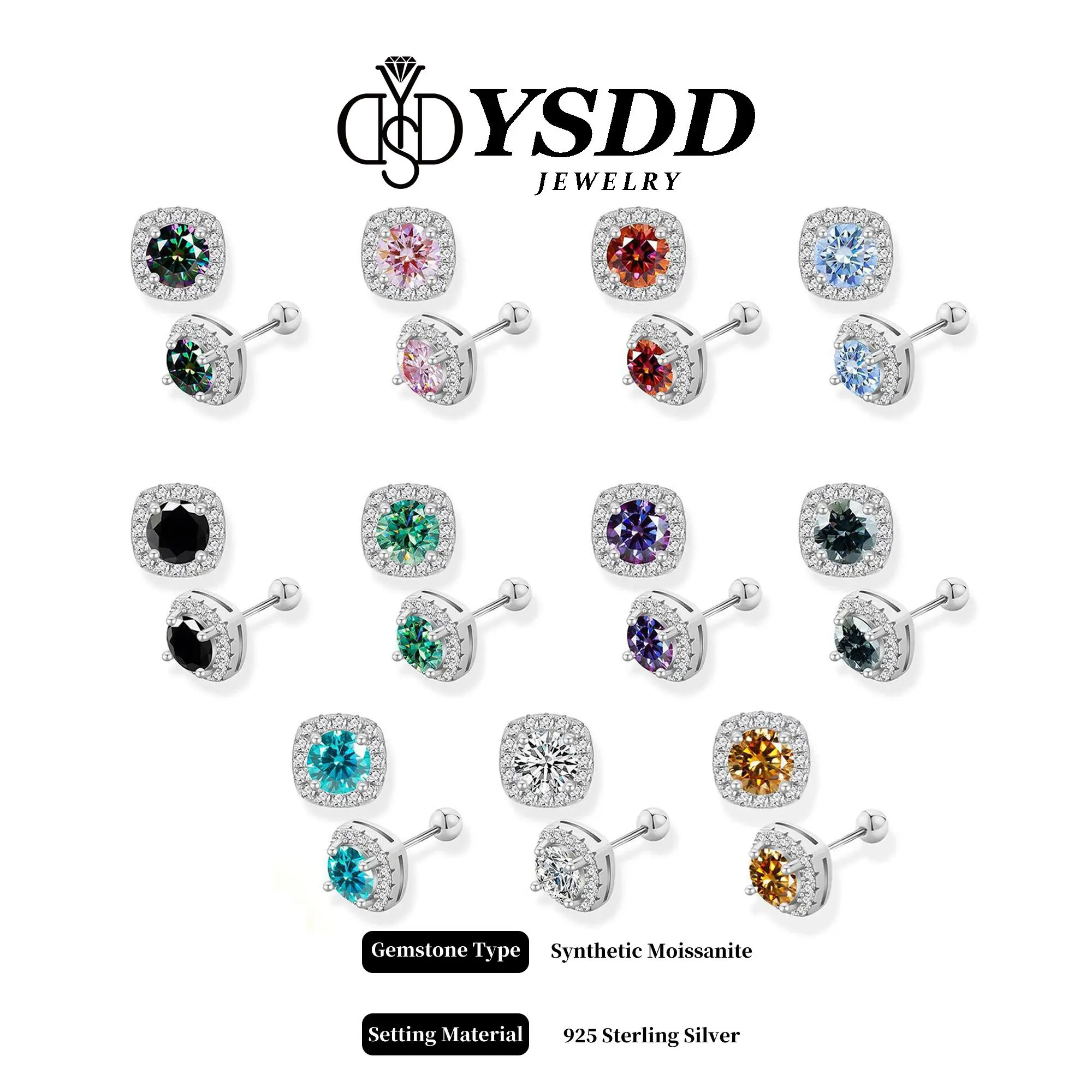【#24】Colored Square Halo Synthetic Moissanite Earrings 1CT(0.5CT Each) 925 Sterling Silver Halo Stud Earrings for Women Girls Men gift DIY
