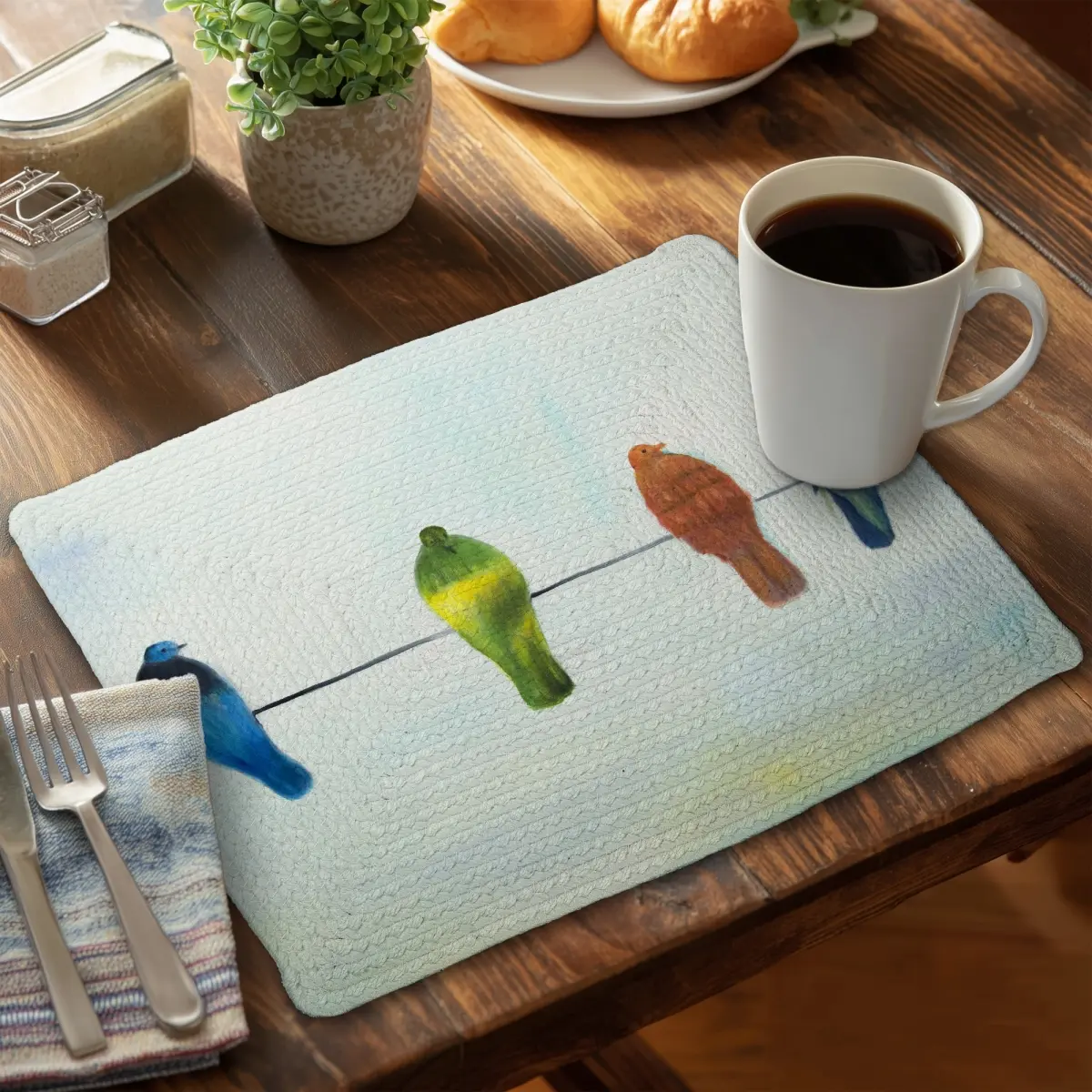 Artistic Braided Polyester Dining Table Placemat with 360-Degree Rotatable Stand - CBPM1418VY6X3M, 14x18 in, Perched Abstract Birds Design, Stylish Tableware for Home Decor, Contemporary Kitchen Household Products