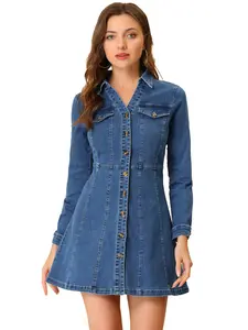 INSPIRE CHIC Denim Dress Button Down Collar V Neck Long Sleeve A-line Cotton Jean Dress
