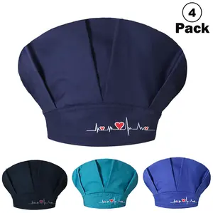 4 Pack Scrub Caps for Women Nurses Surgical Hats with Buttons Ponytail Working Adjustable Pouch Tie Back Navy Blue Teal Royal Blue Polyester Comfortable Fit