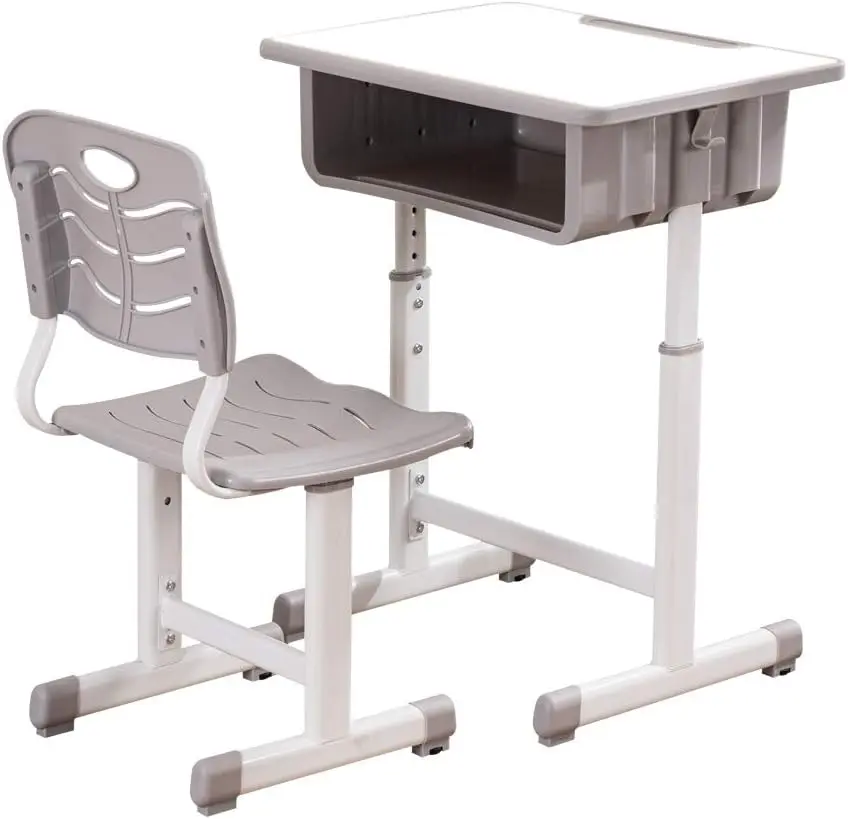Student Desk and Chair Workstation with Desk and Chair Combo, Height Adjustable Children's Drawer, Pencil Grooves and Hanging Hooks for Home, School and Training