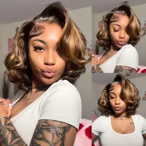 #SummerVibes KissLove Short Bob Wig 250% Density Natural Black Color & Honey Blonde Highlight Color 6x4.5 Lace Closure Glueless Invisi-Drawstring Pre Plucked Human Hair Wigs For Women