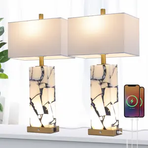 DEMILARE   Modern Table Lamp, Nightstand Lamp, Side Table Lamp with , Two Alabaster lamps with a 3-color temperature, Lightlight with 2 USB Ports, Bedside use in bedrooms, End Table Lamps in Living Rooms, Home Decor Lighting Nightlight,SpringGlowUp