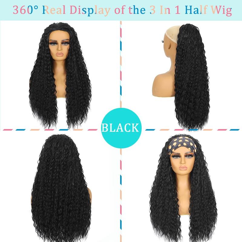 VOSILK Water Wave Half Wig 3 in 1 Drawstring Seamless Flip Over With Adjustable String Invisible Hairline Headband Wig Beginner Friendly Glueless Wig for Women