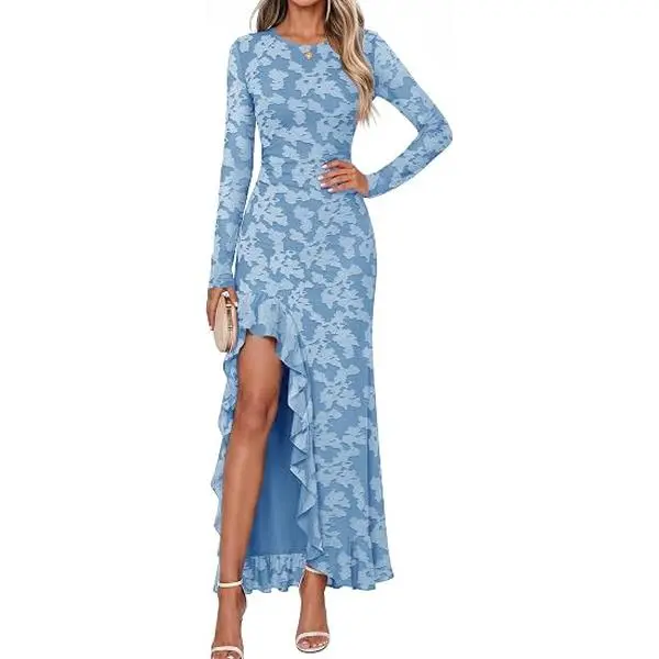 MEROKEETY Womens Fall Wedding Guest Dress Formal Long Sleeve Maxi Dresses | Floral Cocktail Prom Dress, Ruched Waist, Asymmetric Ruffle Hem, High Slit, Bodycon, Double Lined, Rehearsal Bride Long Dress