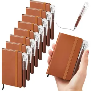 8 Pack Leather Pocket Notebook Bulk with Pens,4.3"x2.5" Small Note Books  Journal Mini Hardcover Lined Notepad Journal for Office School Coworker Writing Supplies(Brown)