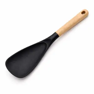 Silicone Spatula Spoon with Wooden Handle – BPA-Free Heat Resistant Cooking & Serving Tool, Nonstick Safe Kitchen Utensil (Matte Black)