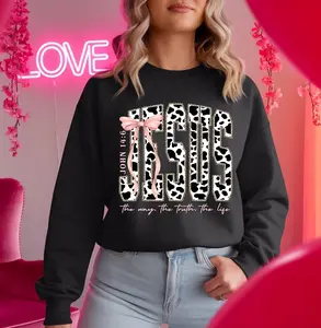 Cow Print Jesus Crewneck Sweatshirt with John 14:6 Quote Pink Bow Detail for Women Stylish Faithwear