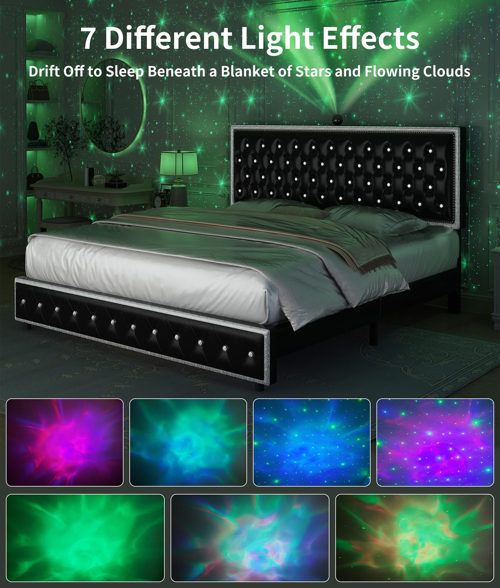 GEGOFORU Queen LED Bed Frame with Galaxy Projector & Bluetooth Speakers, RGB Lights, USB Charging, 4 Storage Drawers, Velvet Upholstered Platform Bed, No Box Spring Needed – White