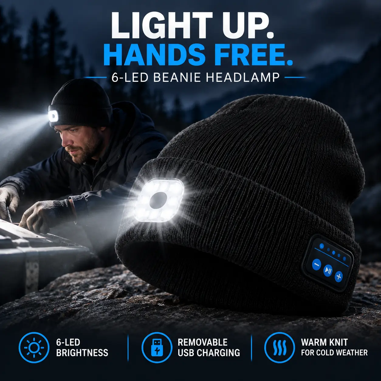 6-LED Super Bright Beanie Headlamp with Direct USB Charging, Heavy Duty Knit Hat with Bluetooth Music, Hands-Free Car Repair Light, Camping Gear and Fishing Hat for Cold Weather, Outdoor Work Gear for Garage Tasks and Night Walks emergency