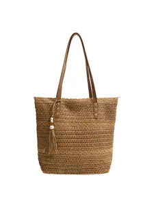 Large Capacity Straw Tote Bag for Beach Vacation, Leather Strap Woven Shoulder Bag, Versatile Casual Beach Bag, Summer Travel Fringe Straw Bag, Hand Woven Bags
