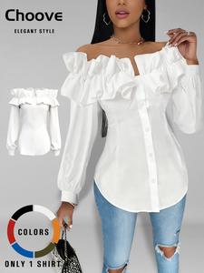 women's plain ruffle trim off shoulder blouse, elegant bishop sleeve button front top for fall, women's clothing for daily wear