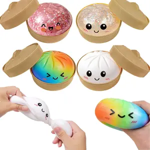 2026 Upgrade Glitter Dumpling Squishy Fidget Toy with Steamer Box, Soft Sensory Fidget Steamed Bun Squeeze Tool for Adult Squishy Dumpling Stress Balls Stress & Anxiety Relief