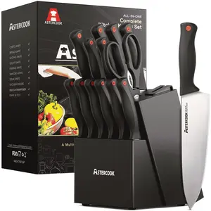Astercook Knife set, 14-Piece Kitchen Knife Set with Built-in Sharpener, High Carbon German Stainless Steel Knives Block Sets, Ultra Sharp & Rust Resistant, Dishwasher Safe