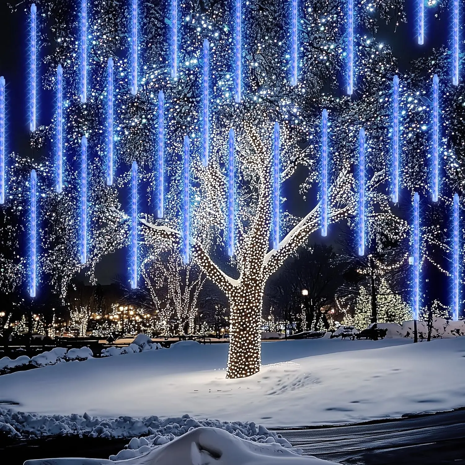 Meteor Shower Rain Lights, 864 LED Christmas Lights Icicle Snow Falling Christmas Lights Outdoor Raindrop Lights, 30cm 24 Tubes Xmas Tree Holiday Decoration (Blue)