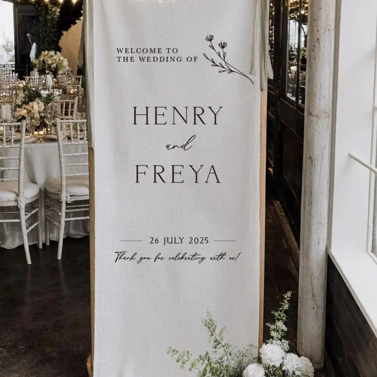 Custom Fabric Wedding Welcome Sign - Modern Microfiber Wedding Sign •  Personalised Wedding Decor (No Silk Ribbon)