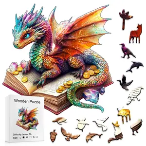 Colorful Dragon on Treasure Book Wooden Puzzle High-Difficulty 5A Level Perfect for Party Games DIY Gifting and Fantasy Puzzle Lovers Toddler Alphabet Woodenmaterial Fantasypuzzlelovers