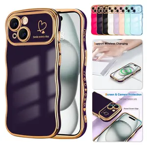 For iPhone 16 Pro Max 15 14 13 12 11 Cute Wave Frame Curly Shape with Love Heart Pattern Raised Camera Protection Cover Luxury Plating Shockproof Phone Case