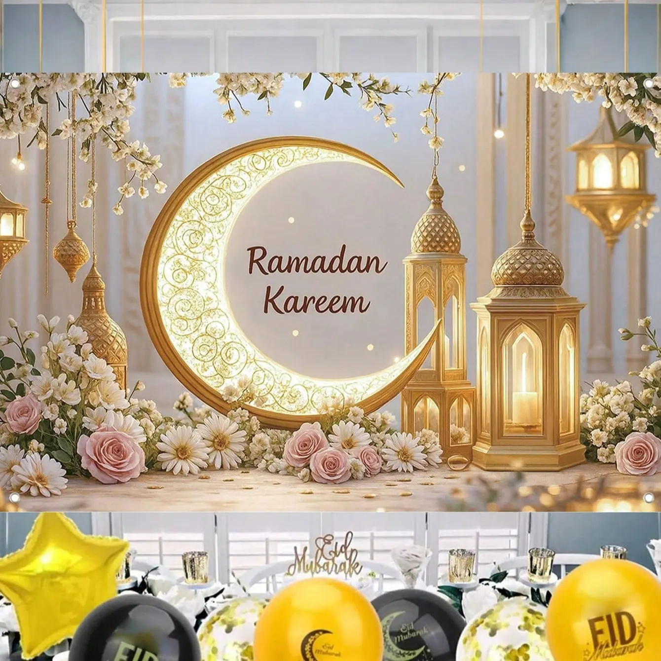 Set the perfect scene for Eid! 🌟 Golden “Ramadan Kareem” backdrop for photos, celebrations & Decoration. Perfect for indoor/outdoor parties to elevate your festive decor instantly. #EidMubarak #RamadanDecor #PhotoBackdrop #PartyDecor #MuslimTikTok