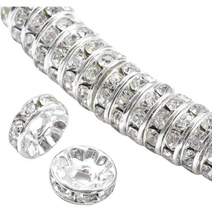 Household daily necessities 100Pcs Rondelle Spacer Beads Round Crystal Charms Czech Rhinestone Silver Plated Spacer Loose Beads for DIY Bracelet Necklace Jewelry Making Supplies (6MM, White)