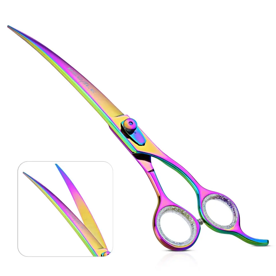 Regale Professional 9.5-Inch Curved Barber Shears, Rainbow Titanium Coated Stainless Steel with Ergonomic Handle for Precision Afro & Beard Haircare, Adjustable, Modern Stylist