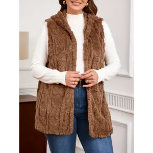 Sleeveless Chunky Crochet Cardigan Vest Large Size Ladies Elegant Animal Print Hooded Vest - Soft Brown Plush Lining Jacket, Casual And Formal Outfit Versatile Accessories, Comfortable And Warm Fabric