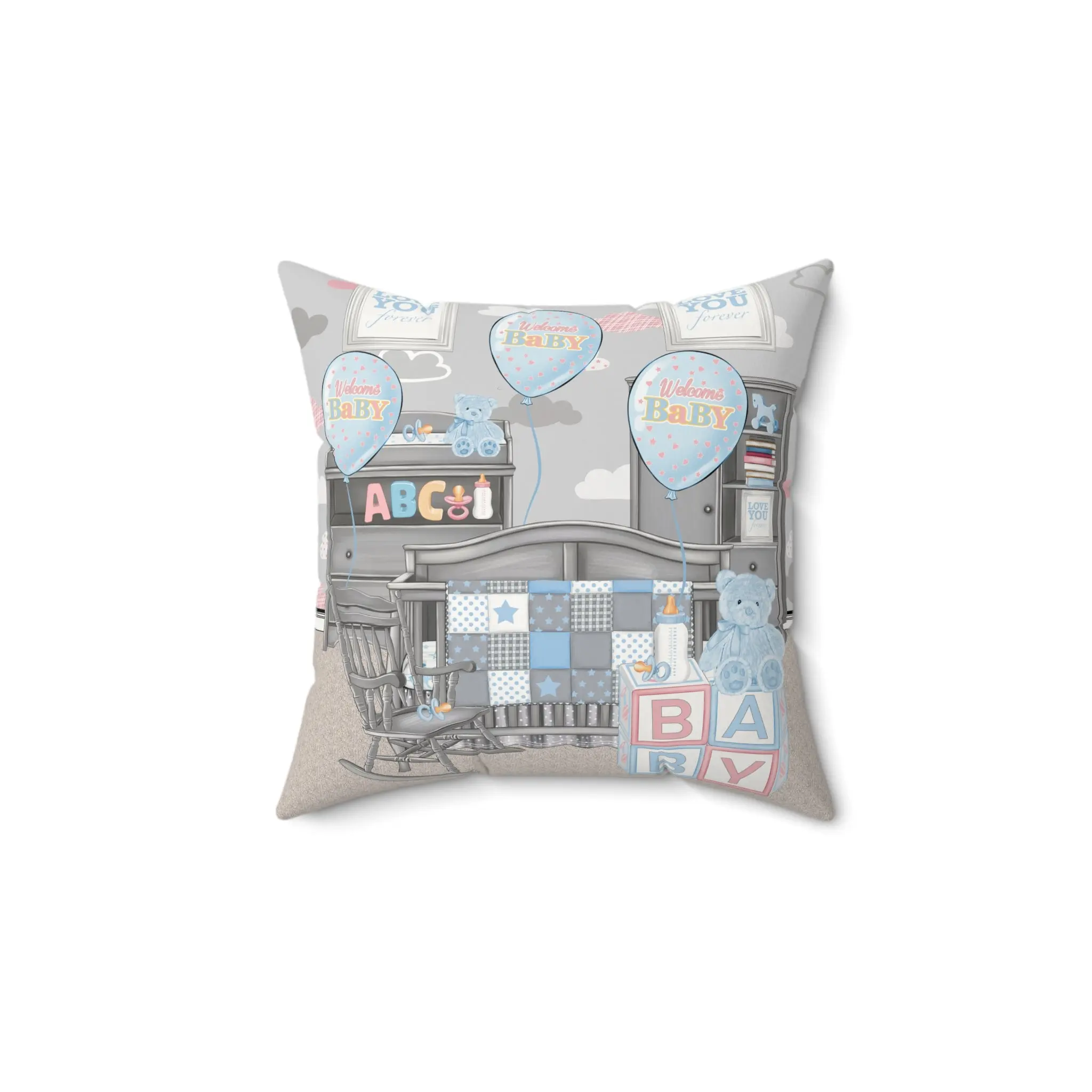 Baby Nursery Pillow - Blue Baby Room Crib, Teddy & Blocks Decorative Throw Pillow