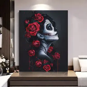 Frame not included Unframed Sugar Skull and Red Roses Canvas Painting springtok