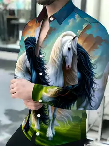 Men's Breathable Collared Long-Sleeve Button-Up Shirt with Black and White Horse Print