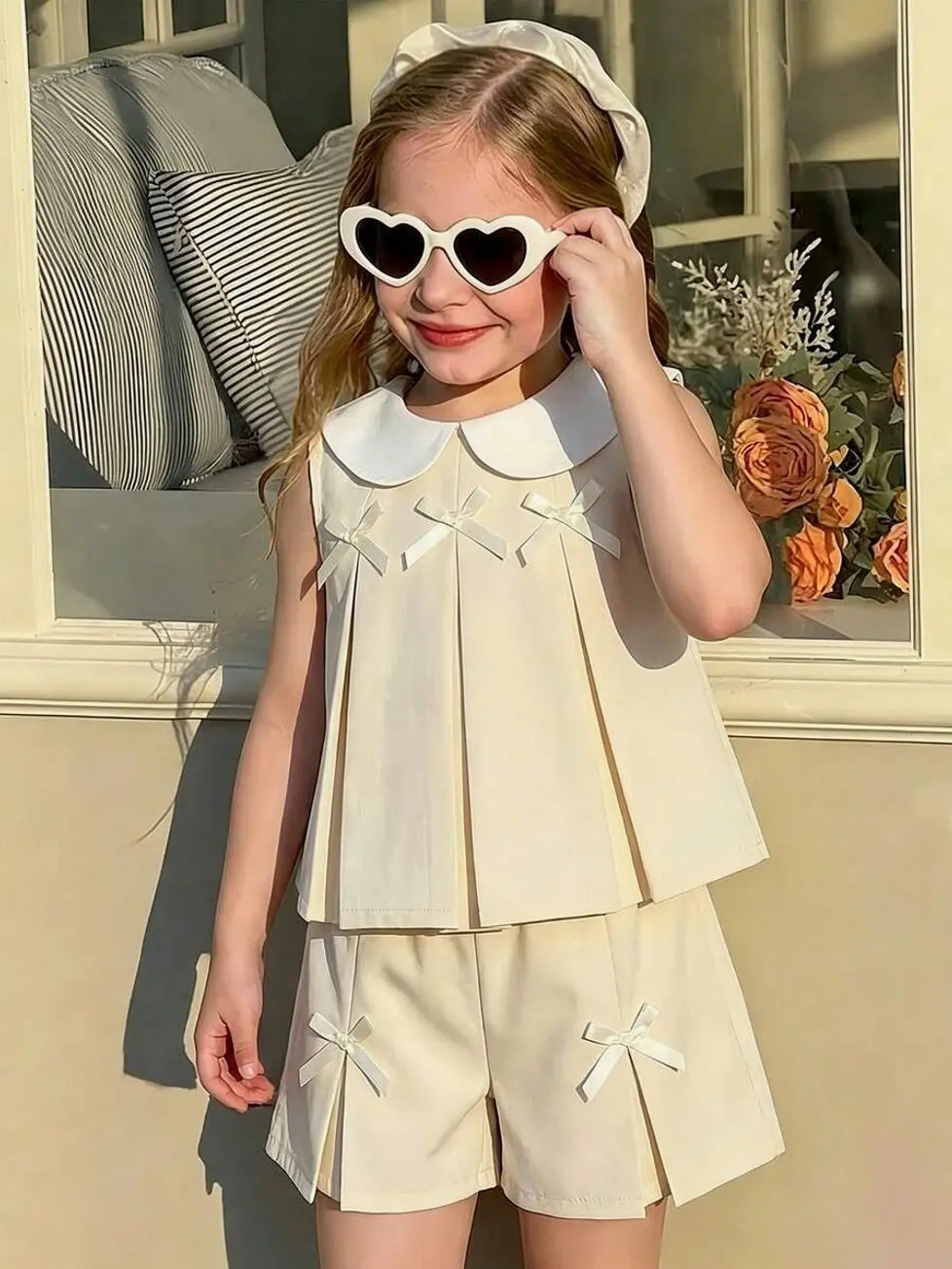 Kids clothing girls - Girls Purple Pleated Bow Vest & Wide Leg Pants Set, Minimalist Summer Outfit girls clothes for kids clean girl clothes cute college girl clothes girly clothing trendy tops for school