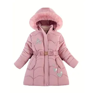 [Winter Hooded Overcoat] Winter Padded Girls' Letter A And Heart Pattern Print Hooded Overcoat |       Furry Hooded Tunic Thick Jacket Coats