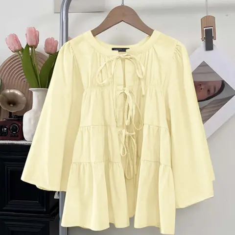 Casual Basic Round Neck Long Sleeve Loose Fit Shirt All Seasons Blouse Top Casual Daily Tops with Front Tie Design, Woven Fabric Breathable Comfortable and Stylish Lady Women's Clothing for Everyday Wear Womenswear