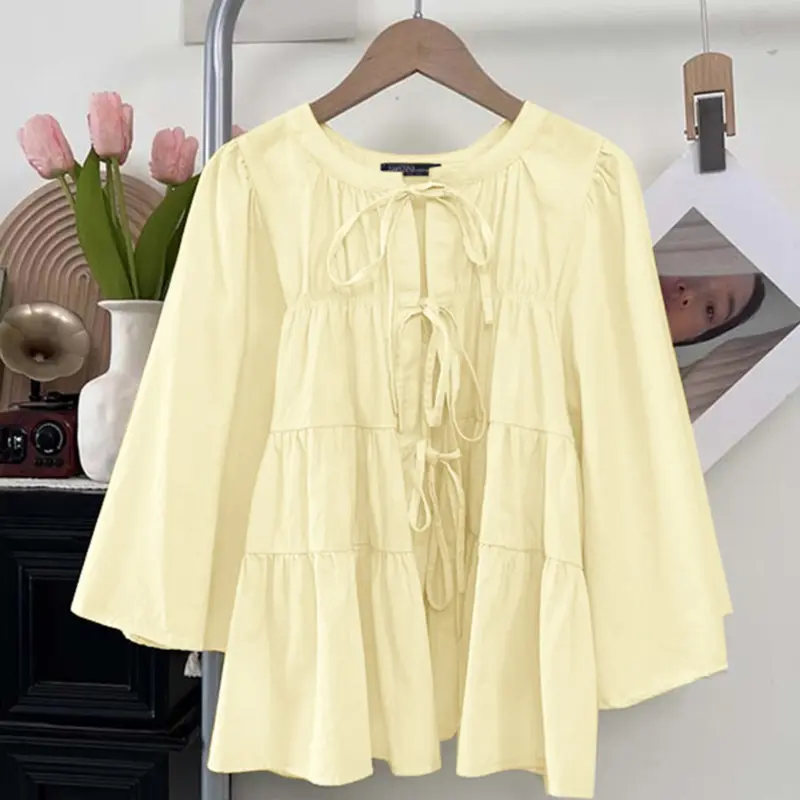 Casual Basic Round Neck Long Sleeve Loose Fit Shirt All Seasons Blouse Top Casual Daily Tops with Front Tie Design, Woven Fabric Breathable Comfortable and Stylish Lady Women's Clothing for Everyday Wear Womenswear