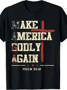 Make America the Land of God Again Christian T-Shirt 33 Poems: 12 Verses and Cross Design with American Flag Colors (Red White Beige)-Comfort Local Warehouse Delivery Men's Clothing Men's T-Shirt Cotton Pattern T-Shirt Print Holiday Gifts for Him Funny Fu
