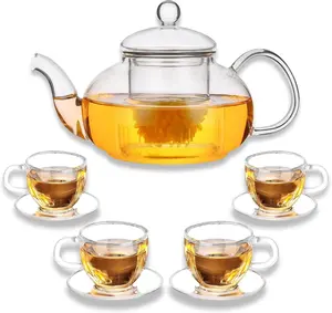 Glass Teapot Set with Removable Infuser, Atarvana 600ml Glass Tea Kettle with Loose Tea Infuser, 100ml Tea Cup & Saucer Set of 4, Elegant Blooming Tea Gift Set