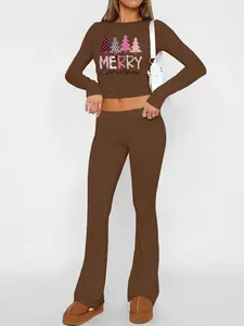 Women's Christmas Print Crop Tee & Flare Leg Pants Two-piece Set, Casual Fashion Round Neck Long Sleeve Top & Bell Bottom Trousers for Daily Outdoor Wear, Women's Clothing for All Seasons, Fall outfit