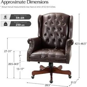 HULALA HOME Tufted PU Leather Office Chair with Wingback and Nailhead Trim, Adjustable Swivel Desk Chair with Rolled Armrests and Casters, Vintage Style(Brown)