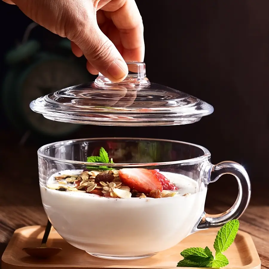 Large Glass Noodle Bowl Set with Lid and Handle, Microwave Safe Heat Resistant Plate, Perfect for Dessert Rice Noodles Breakfast Oatmeal, Microwave Ramen Bowl, Glass Serving Bowls with Lids