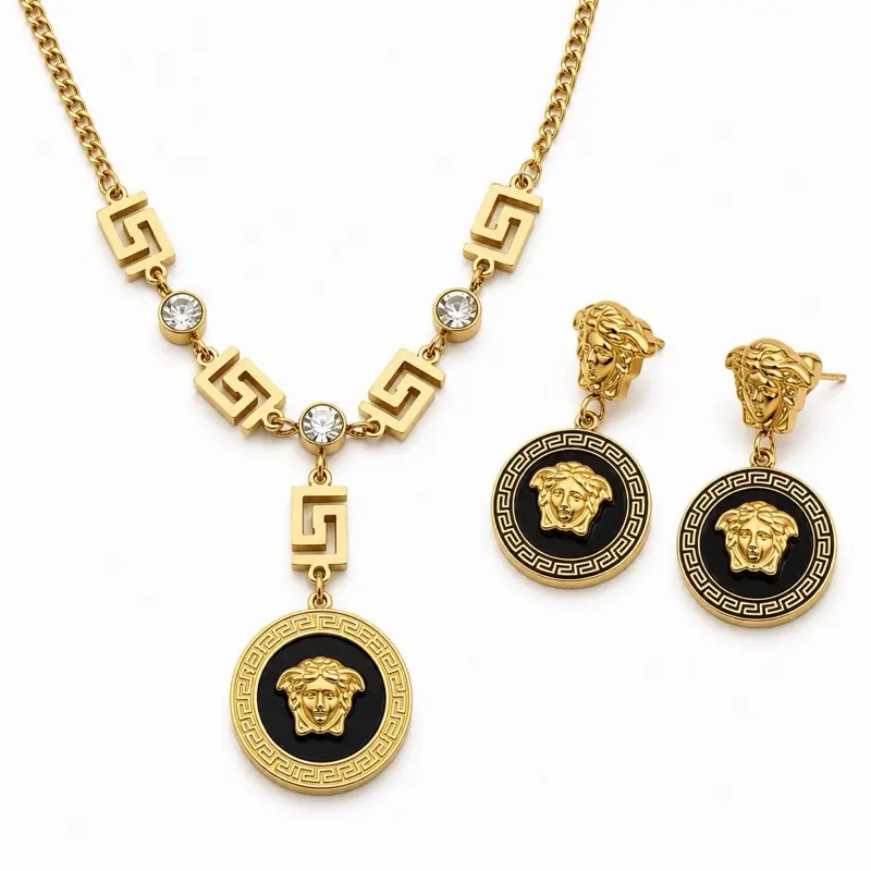 Luxury-Inspired Gold Medallion Necklace & Earrings Set for Women